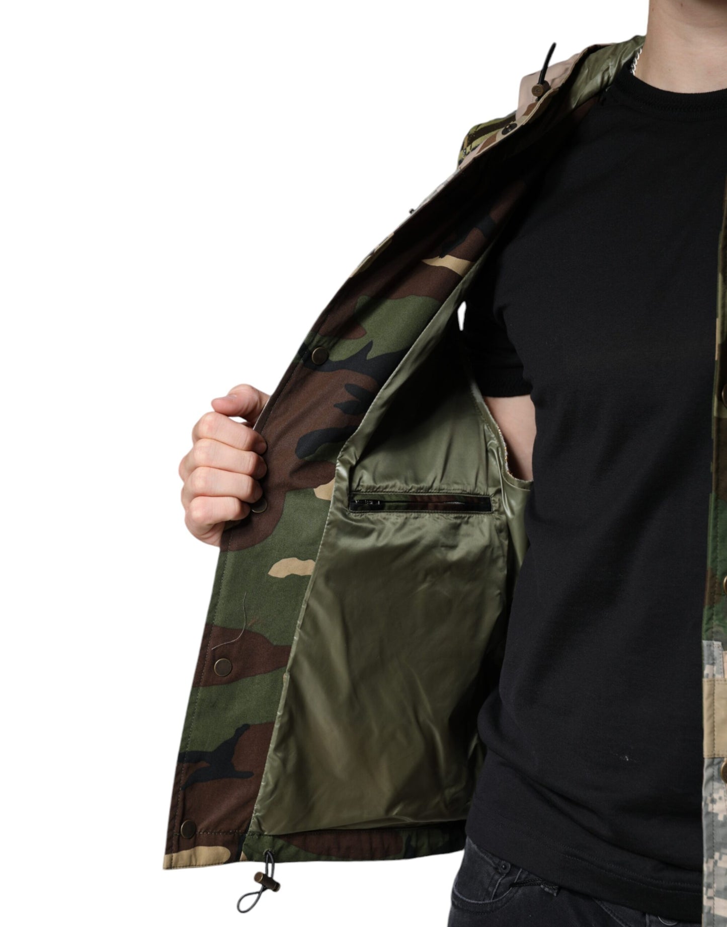 Chaqueta chaleco con capucha y parches multicolores