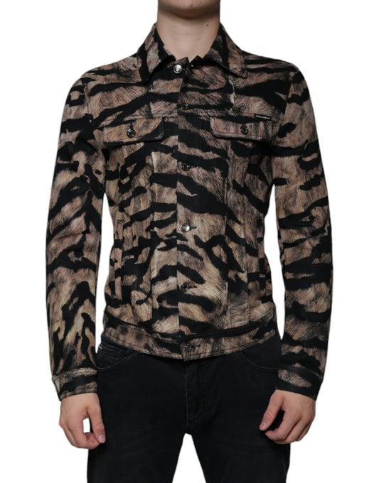 Chaqueta con cuello abotonado y estampado de tigre marrón
