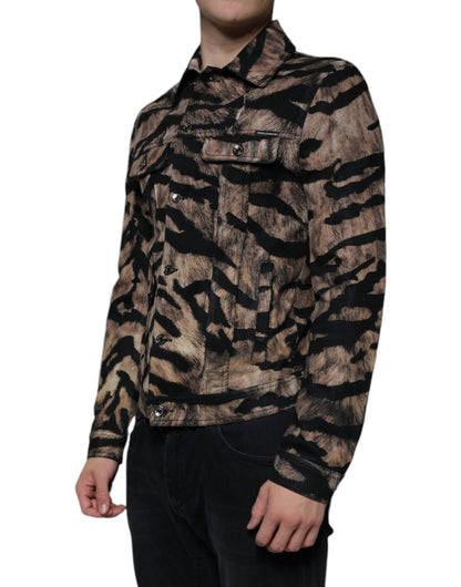 Chaqueta con cuello abotonado y estampado de tigre marrón