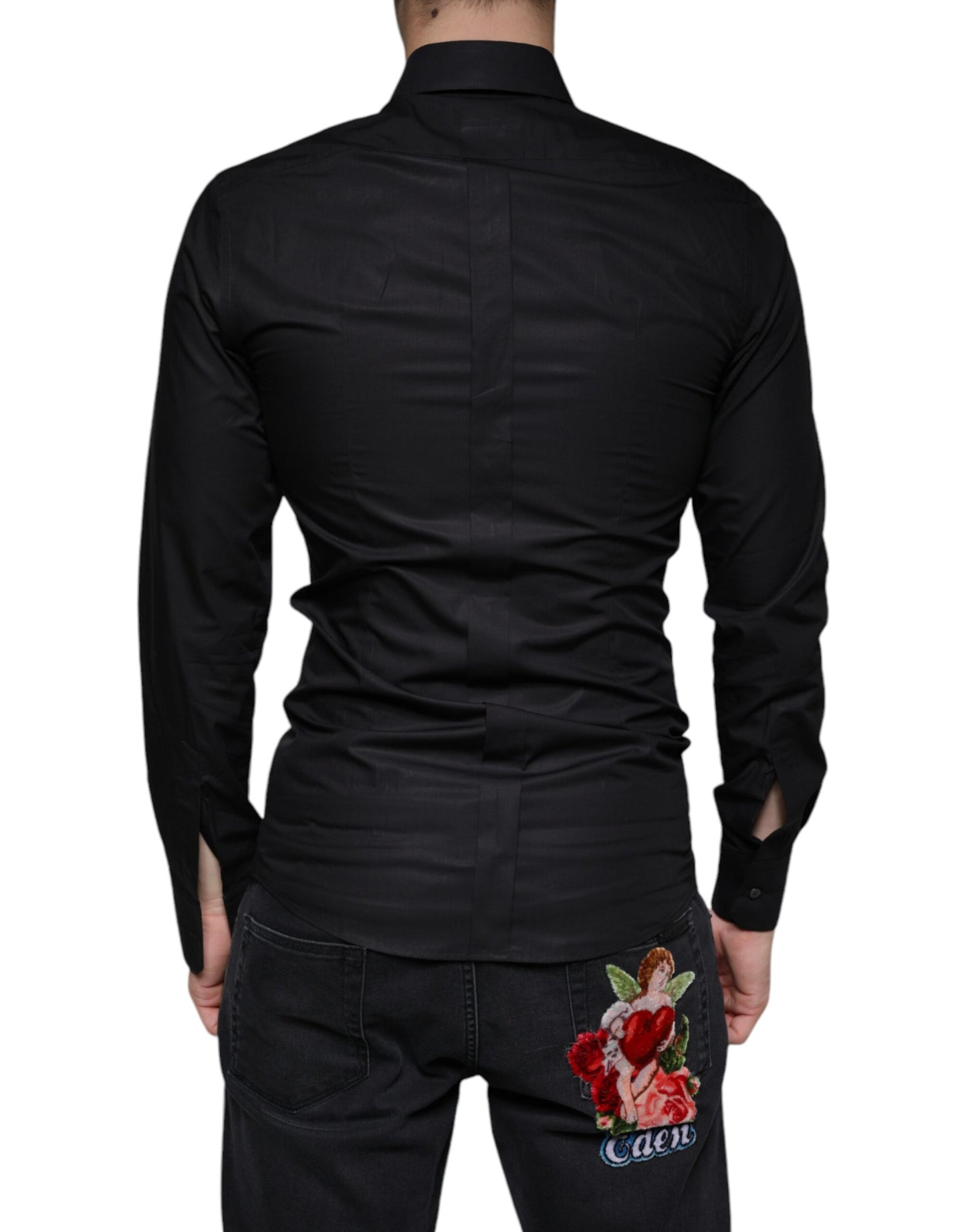 Vestido elástico de algodón negro con camisa formal dorada