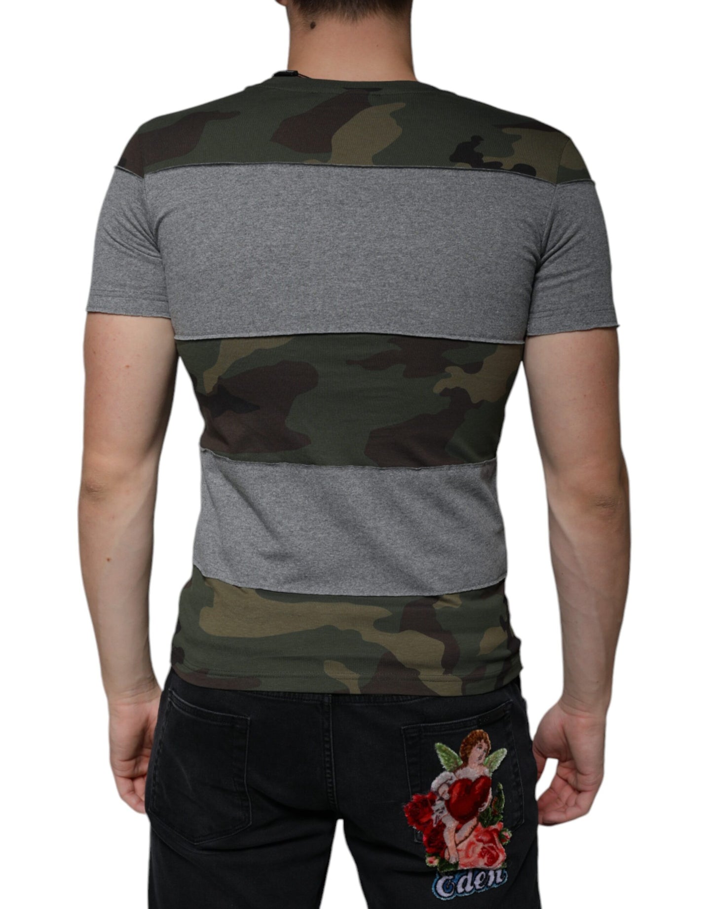 Camiseta de cuello redondo de algodón con estampado de camuflaje multicolor