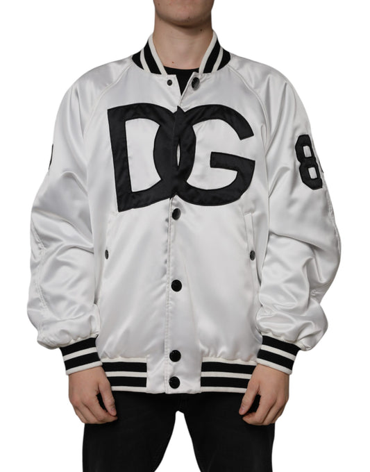 Chaqueta bomber de poliéster blanco con cremallera completa y logotipo