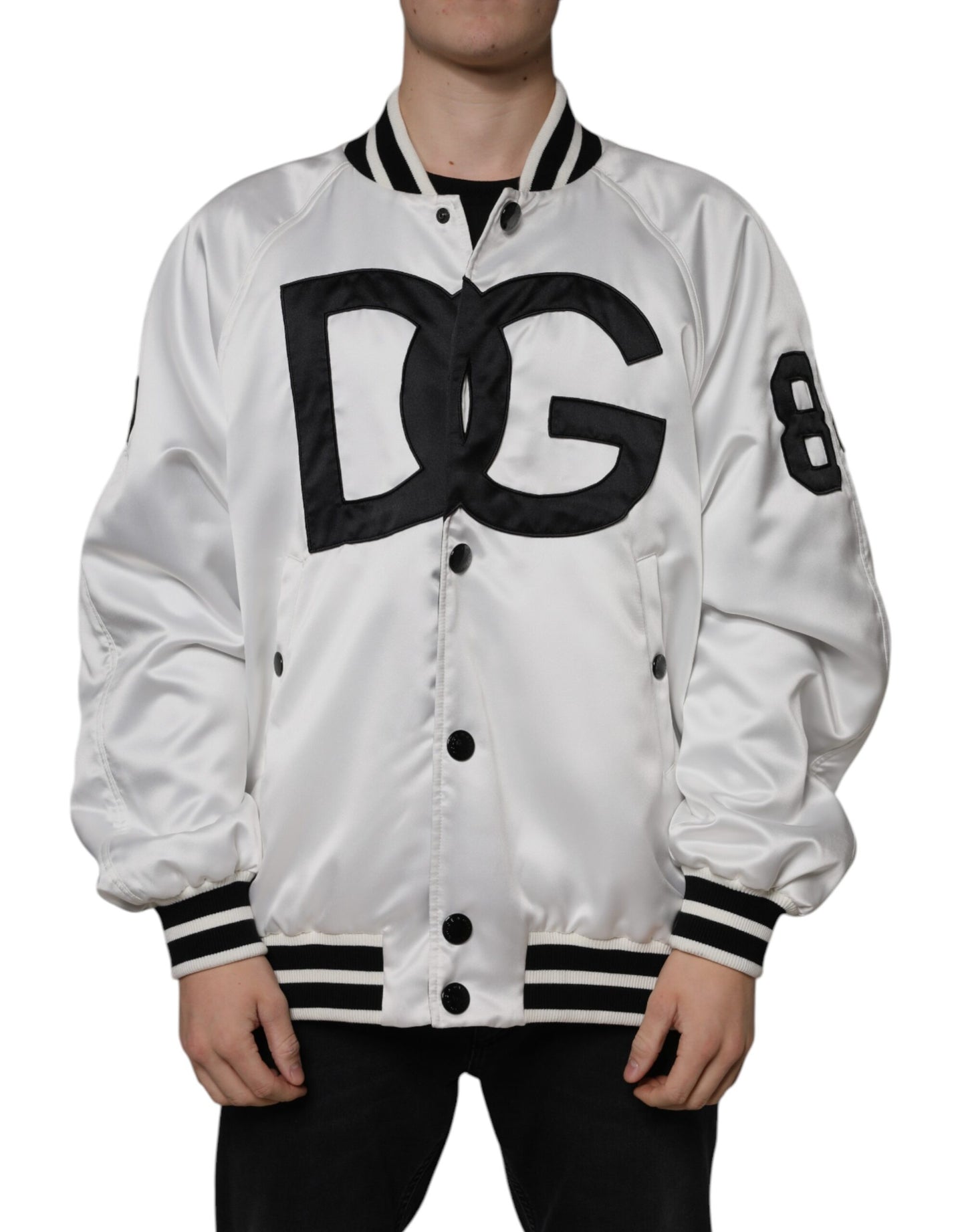 Chaqueta bomber de poliéster blanco con cremallera completa y logotipo