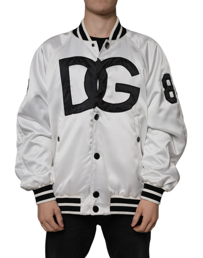 Chaqueta bomber de poliéster blanco con cremallera completa y logotipo