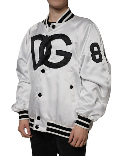 Chaqueta bomber de poliéster blanco con cremallera completa y logotipo