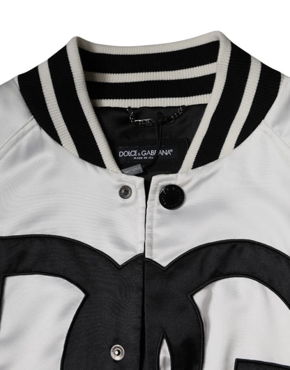 Chaqueta bomber de poliéster blanco con cremallera completa y logotipo