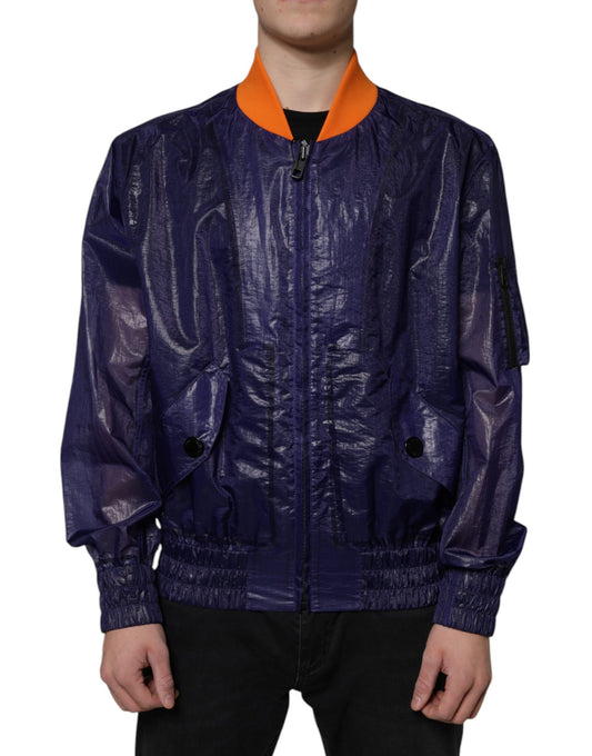 Chaqueta bomber de algodón azul elástico con cremallera completa