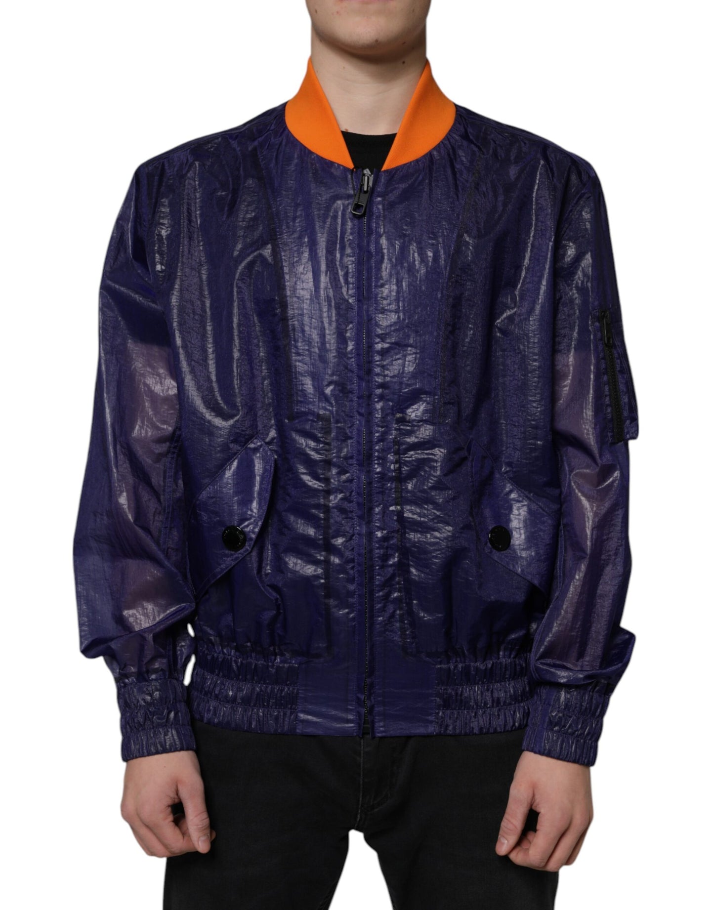 Chaqueta bomber de algodón azul elástico con cremallera completa
