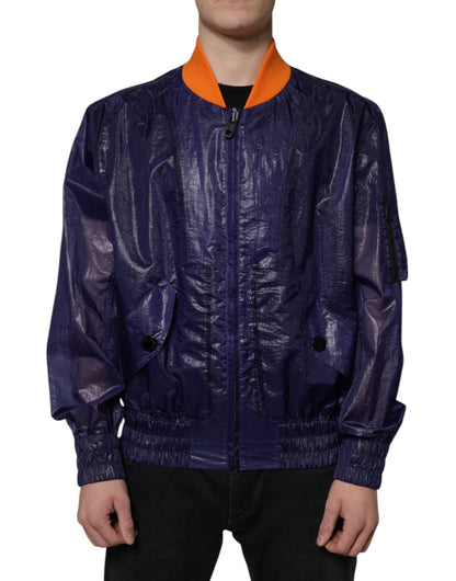 Chaqueta bomber de algodón azul elástico con cremallera completa