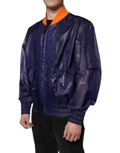 Chaqueta bomber de algodón azul elástico con cremallera completa