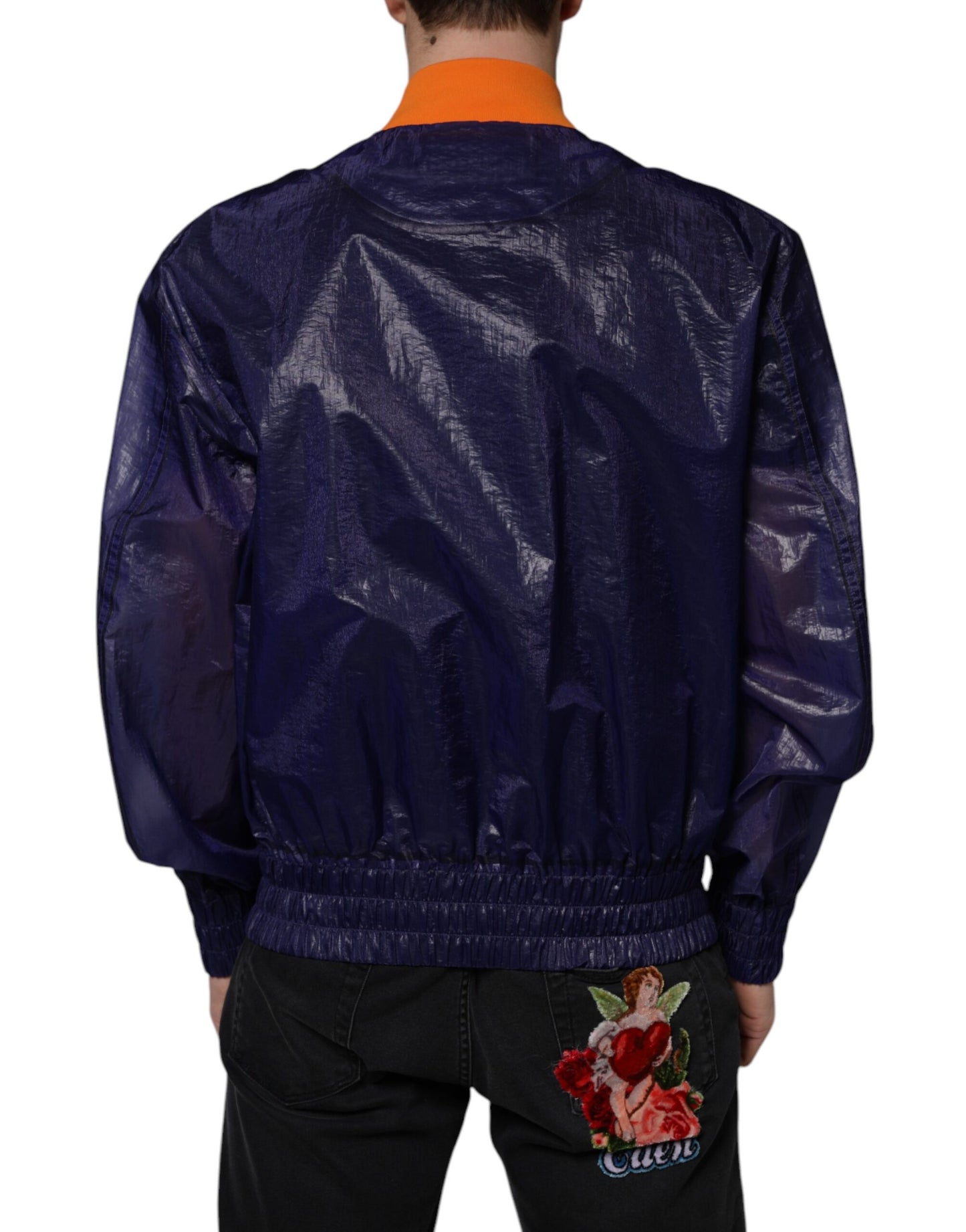 Chaqueta bomber de algodón azul elástico con cremallera completa