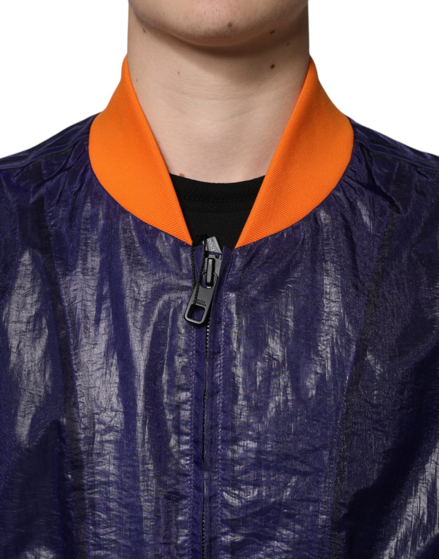 Chaqueta bomber de algodón azul elástico con cremallera completa