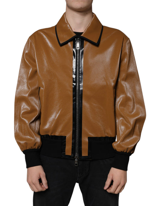 Chaqueta bomber de cuero marrón con cremallera completa para hombre