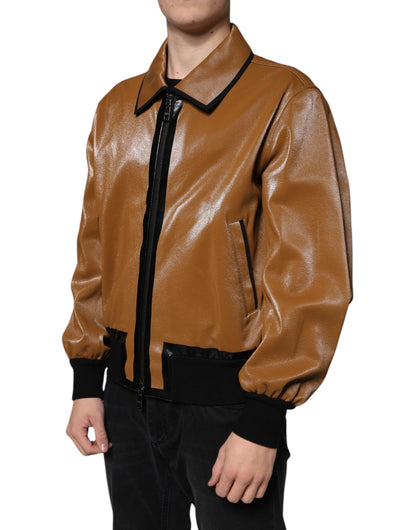 Chaqueta bomber de cuero marrón con cremallera completa para hombre