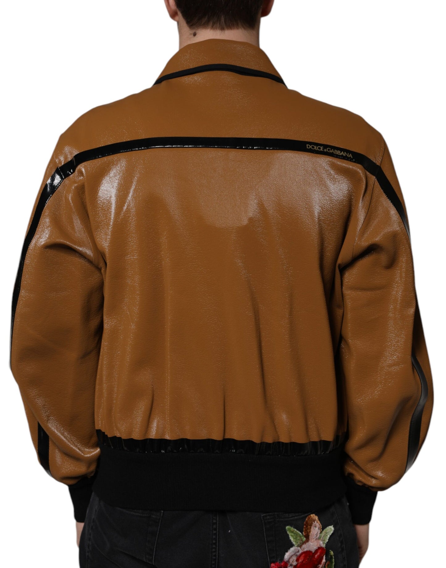 Chaqueta bomber de cuero marrón con cremallera completa para hombre
