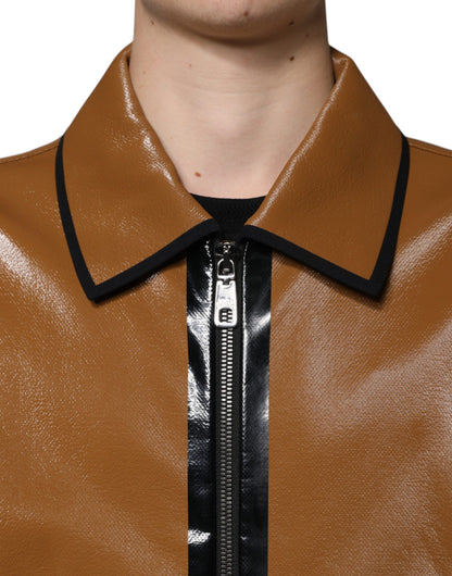 Chaqueta bomber de cuero marrón con cremallera completa para hombre