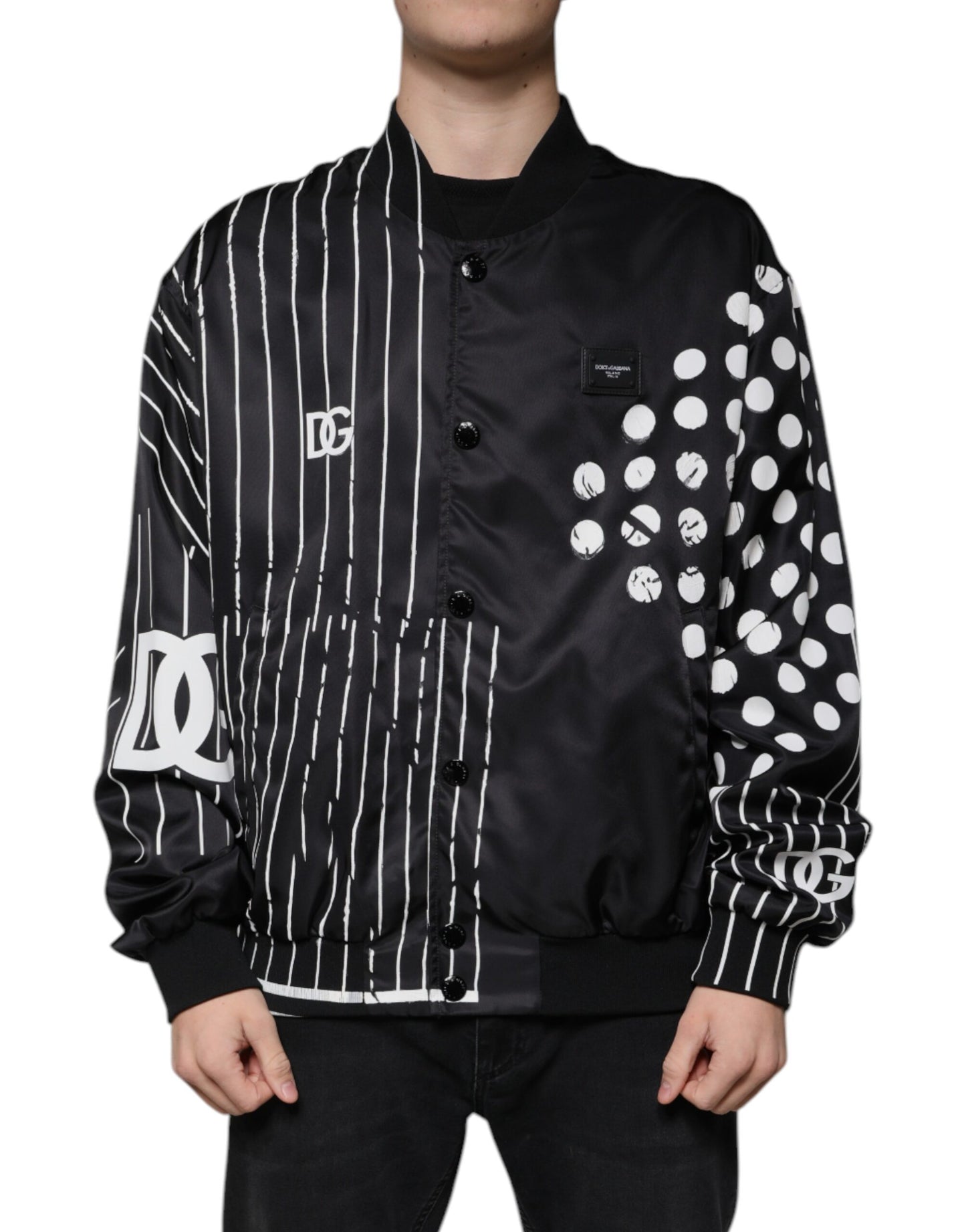 Chaqueta bomber de nailon con rayas y lunares negros