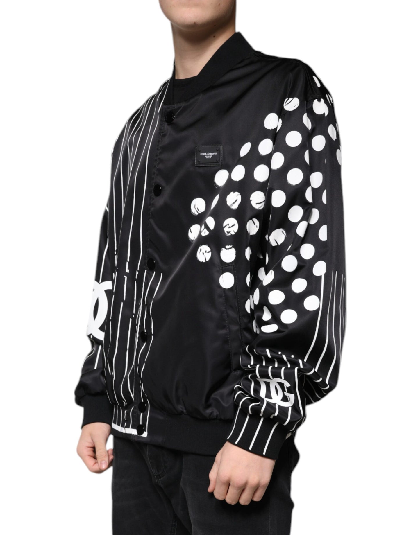 Chaqueta bomber de nailon con rayas y lunares negros