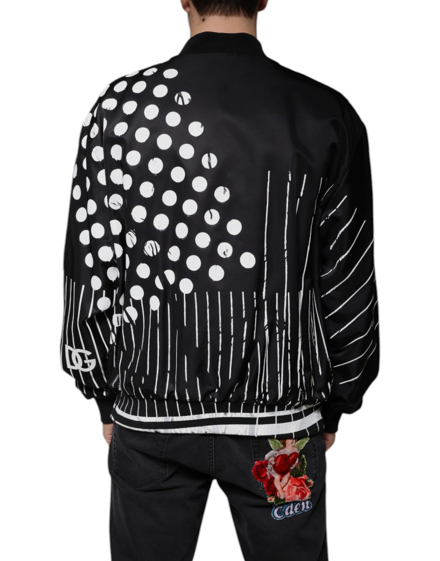 Chaqueta bomber de nailon con rayas y lunares negros