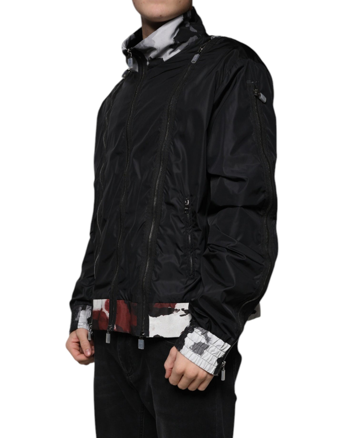 Chaqueta bomber de nailon negro con cremallera completa para hombre