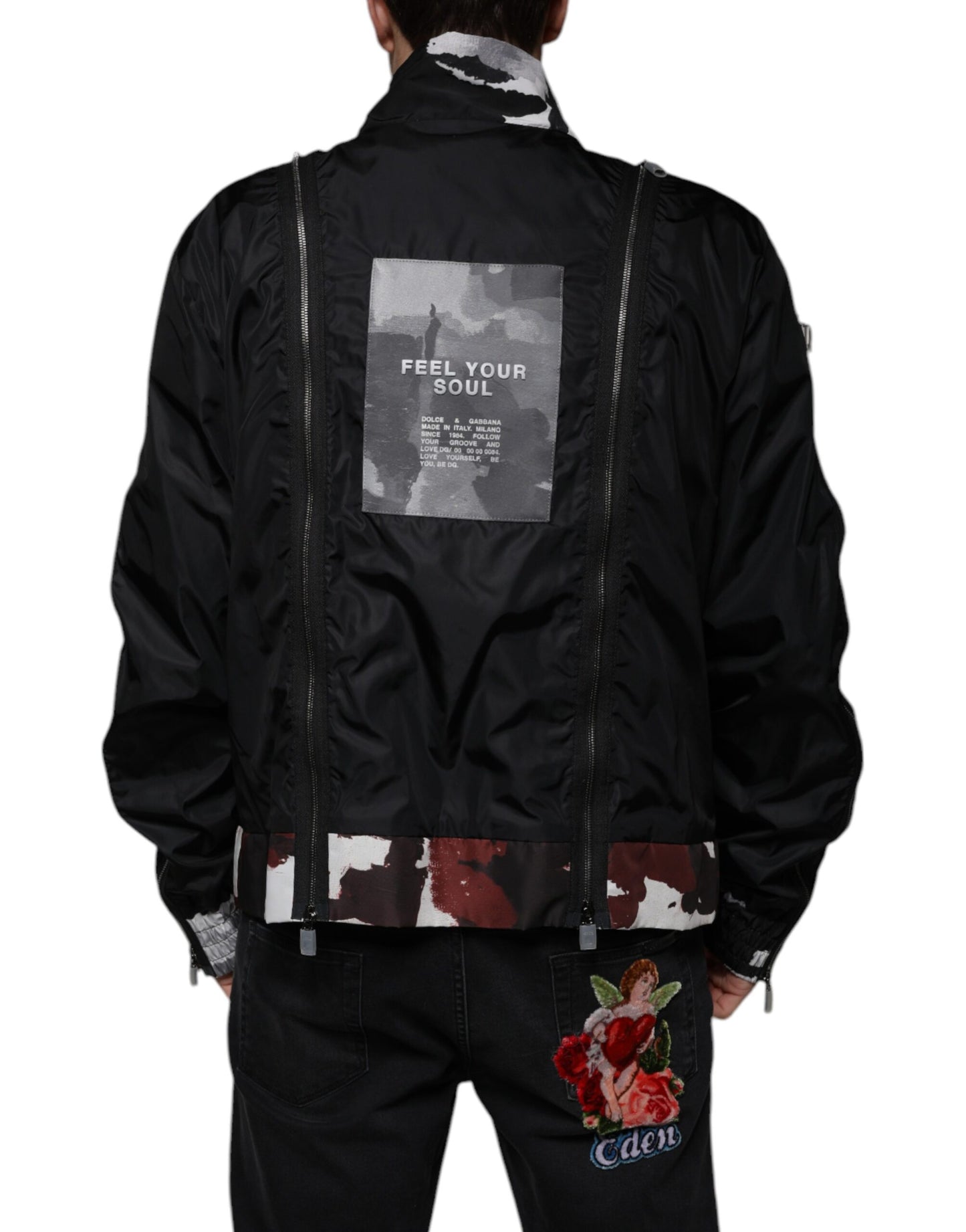 Chaqueta bomber de nailon negro con cremallera completa para hombre