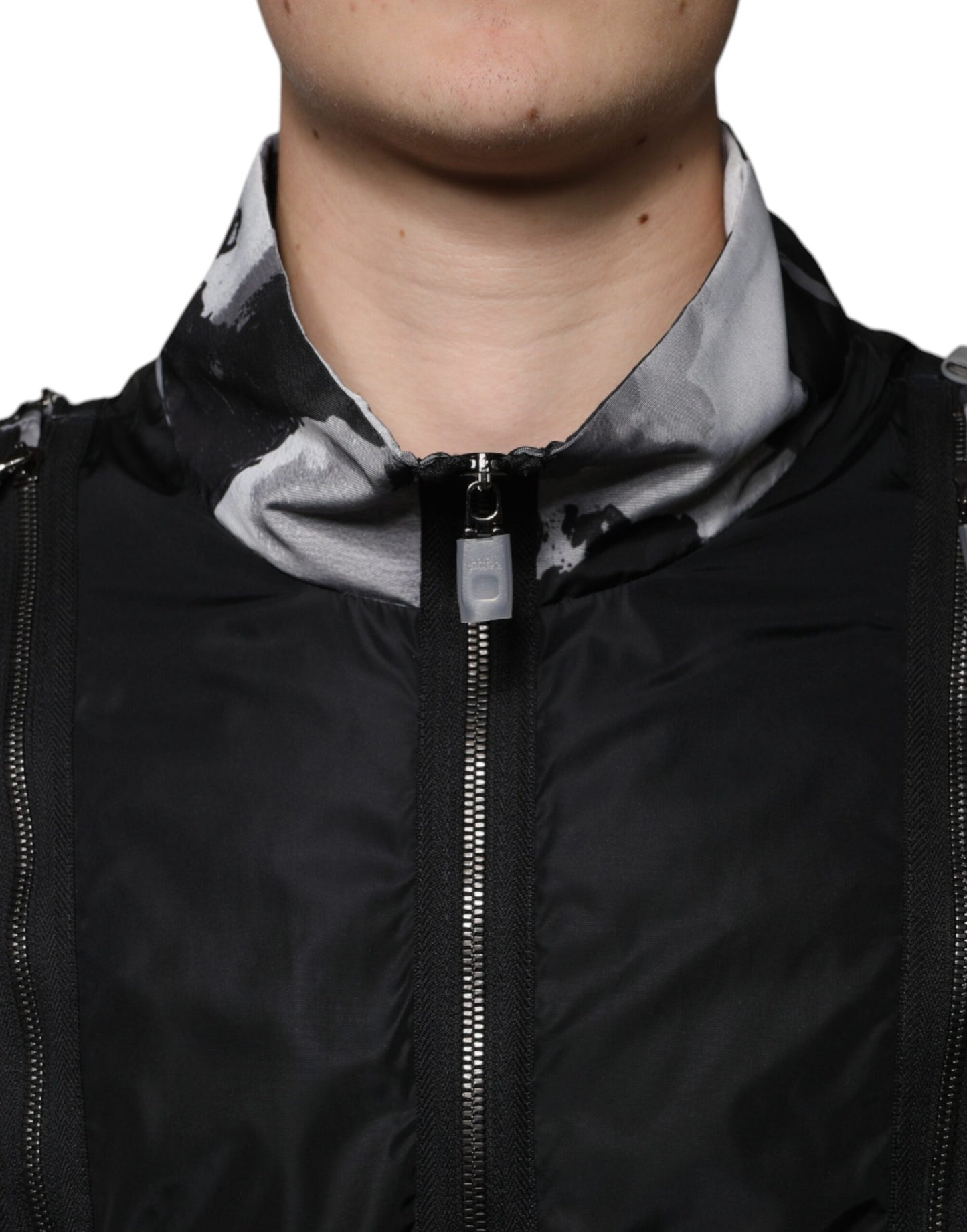 Chaqueta bomber de nailon negro con cremallera completa para hombre
