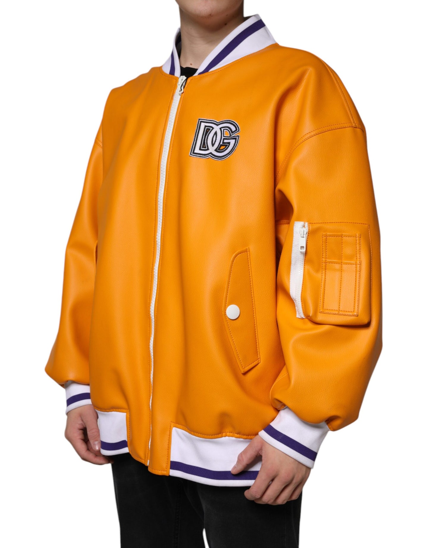 Chaqueta bomber de jersey con cremallera completa en color blanco y naranja