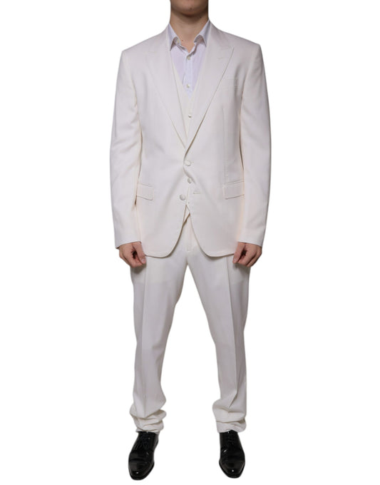 Traje formal de tres piezas entallado de lana y seda blanca