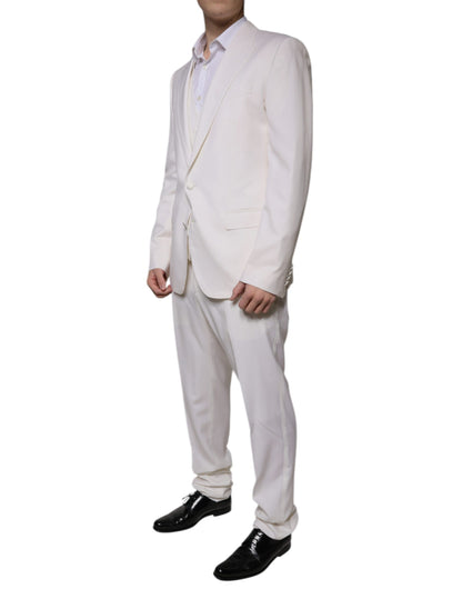 Traje formal de tres piezas entallado de lana y seda blanca