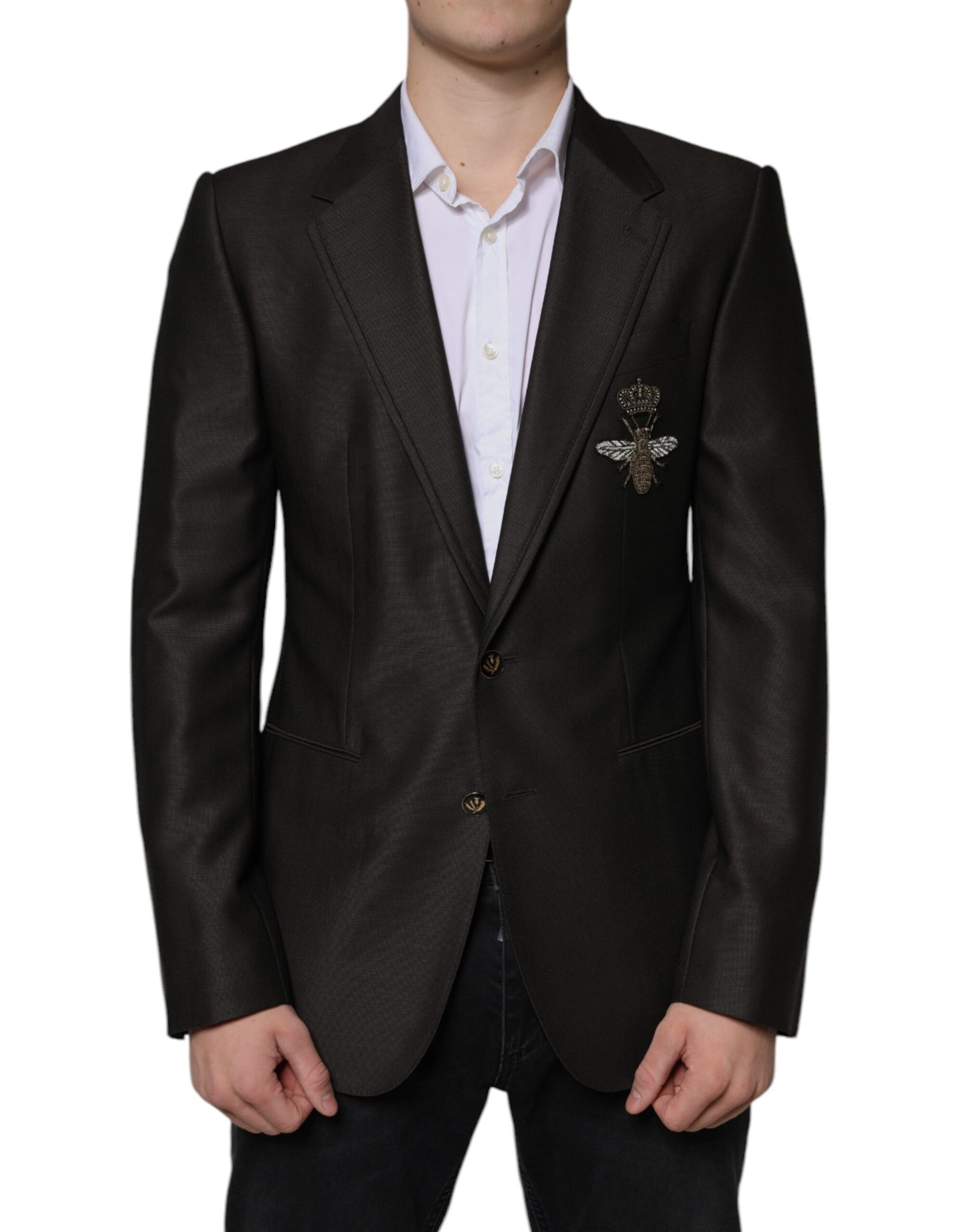 Blazer formal de lana de abeja negra con botonadura sencilla