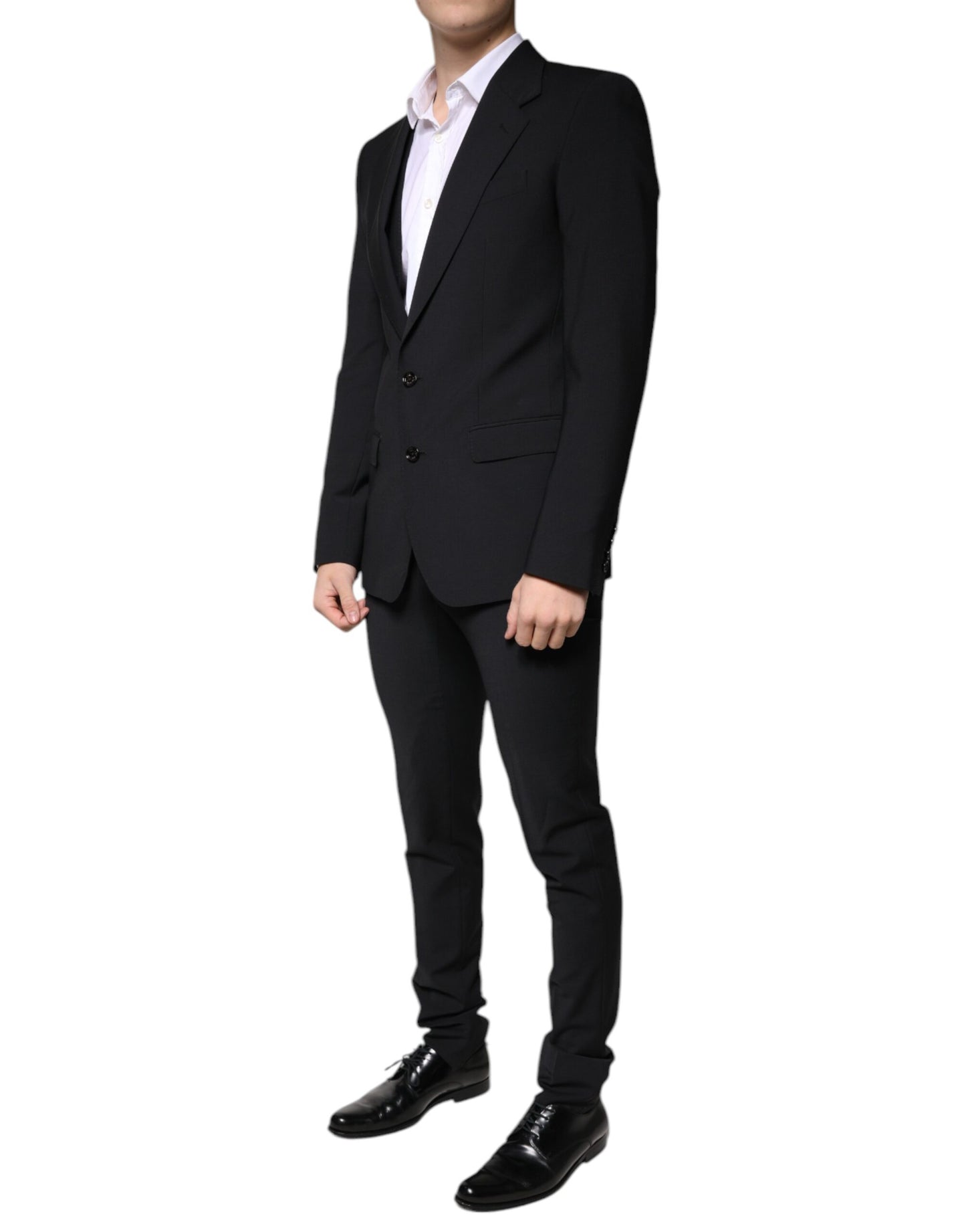 Traje formal de tres piezas de lana negra para hombre