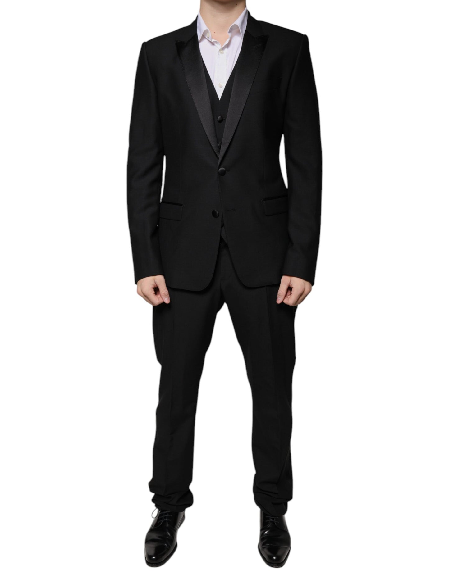 Traje formal de tres piezas de lana negra de corte entallado