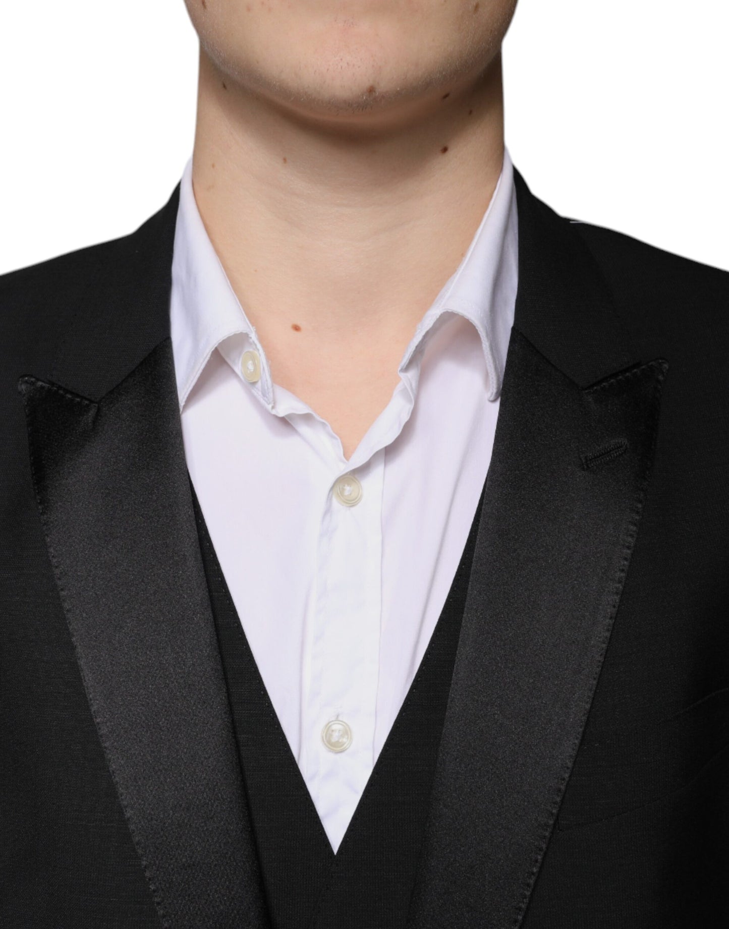 Traje formal de tres piezas de lana negra de corte entallado