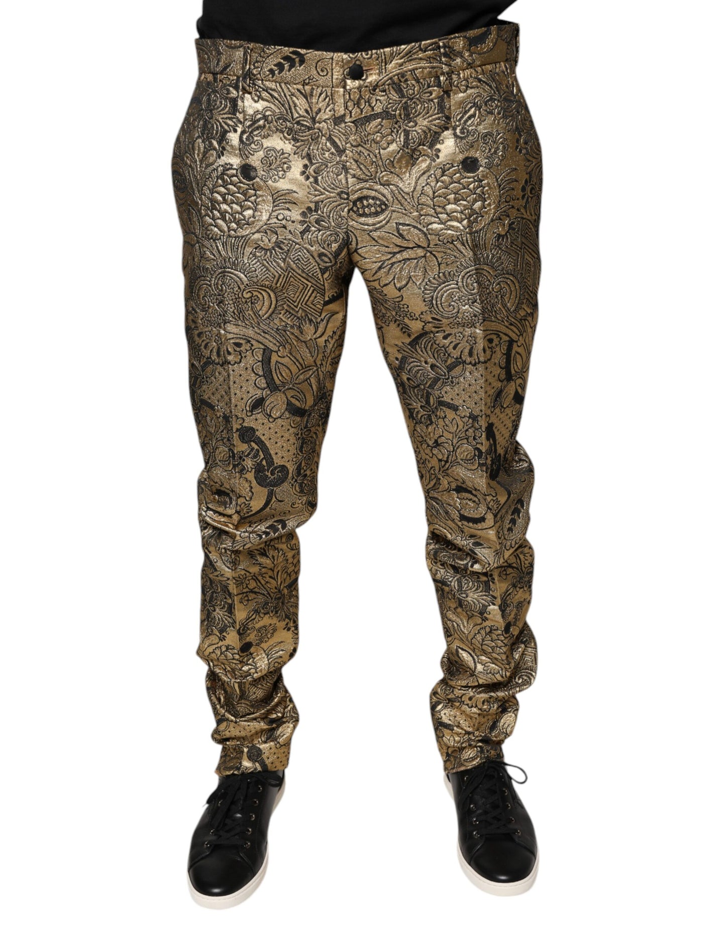Pantalones de vestir para hombre con estampado floral dorado de jacquard
