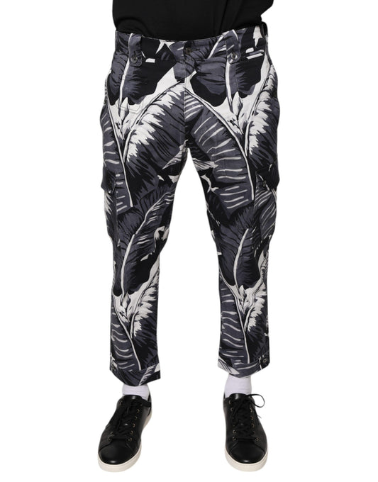 Pantalones capri elásticos de algodón con estampado de hojas de plátano grises