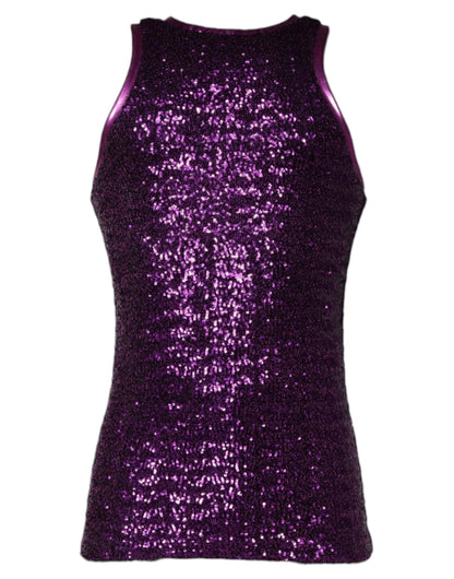 Camiseta sin mangas con cuello redondo y lentejuelas moradas