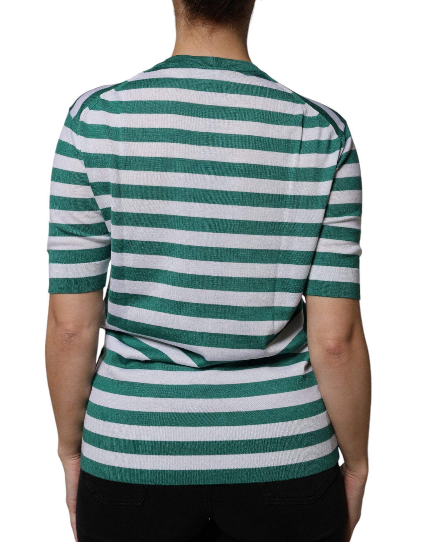 Camiseta de cuello redondo con hojas y rayas blancas y verdes