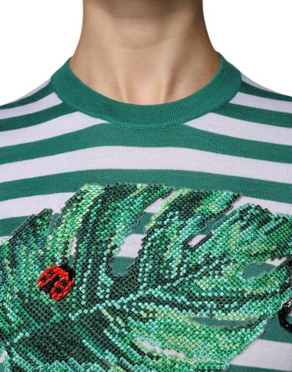 Camiseta de cuello redondo con hojas y rayas blancas y verdes