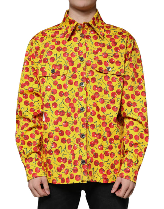 Camisa informal con botones de cereza amarilla para hombre