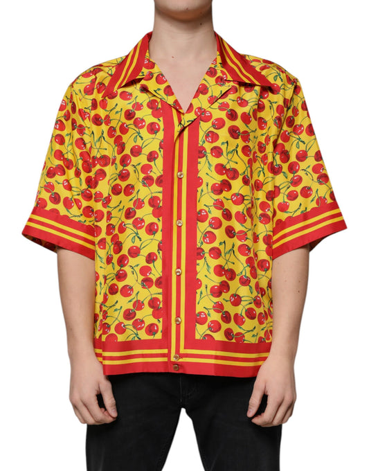 Camisa informal de seda con botones y estampado de cerezas amarillas