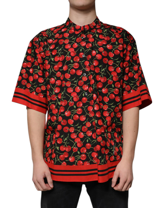 Camisa informal de algodón con botones y estampado de cerezas negras
