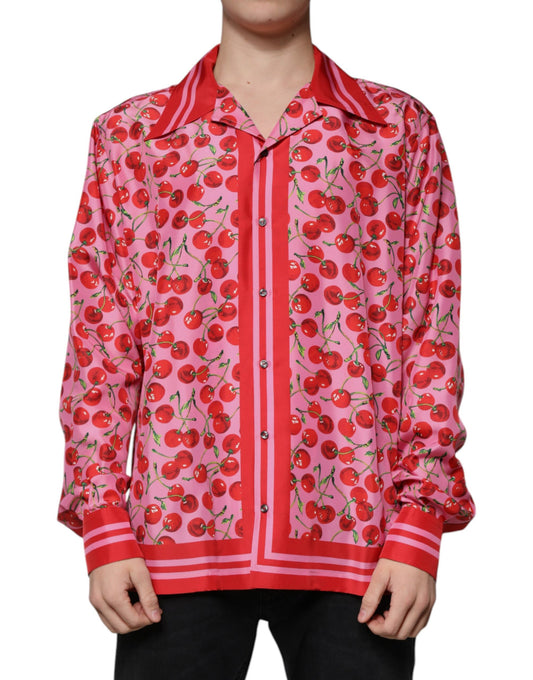 Camisa informal de seda con botones y color cereza rosa