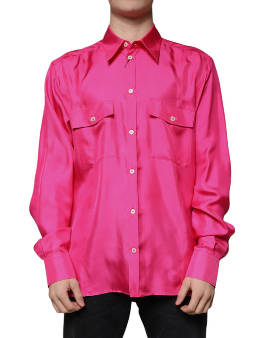 Camisa de seda rosa con cuello y botones para hombre