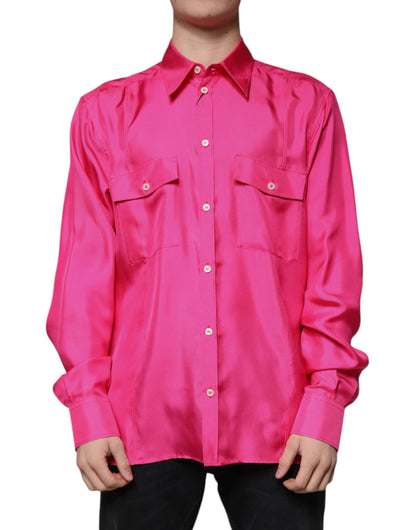 Camisa de seda rosa con cuello y botones para hombre