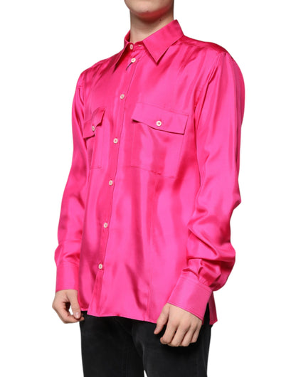 Camisa de seda rosa con cuello y botones para hombre
