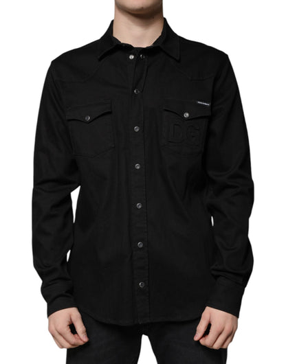 Camisa de algodón negra con cuello y botones