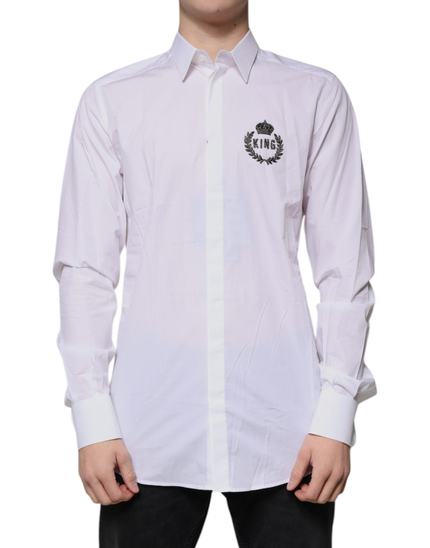 Camisa de vestir formal de algodón blanco con logotipo dorado para hombre