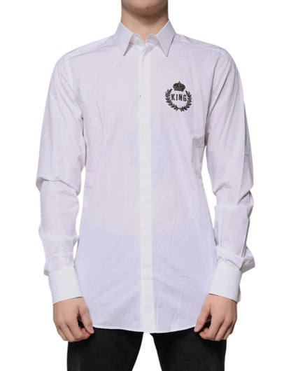 Camisa de vestir formal de algodón blanco con logotipo dorado para hombre