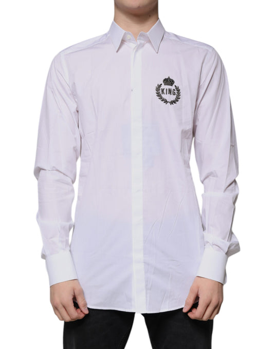 Camisa de vestir formal de algodón blanco con logotipo dorado para hombre