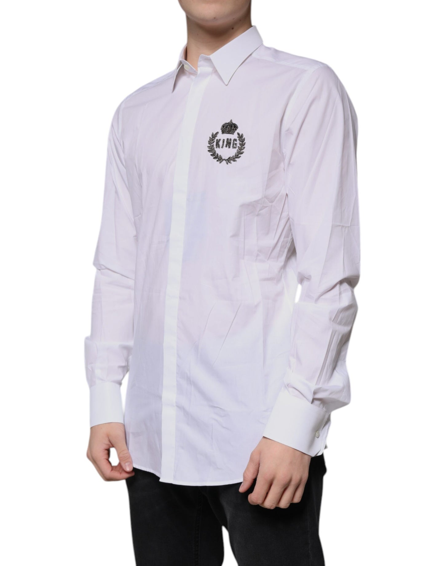 Camisa de vestir formal de algodón blanco con logotipo dorado para hombre